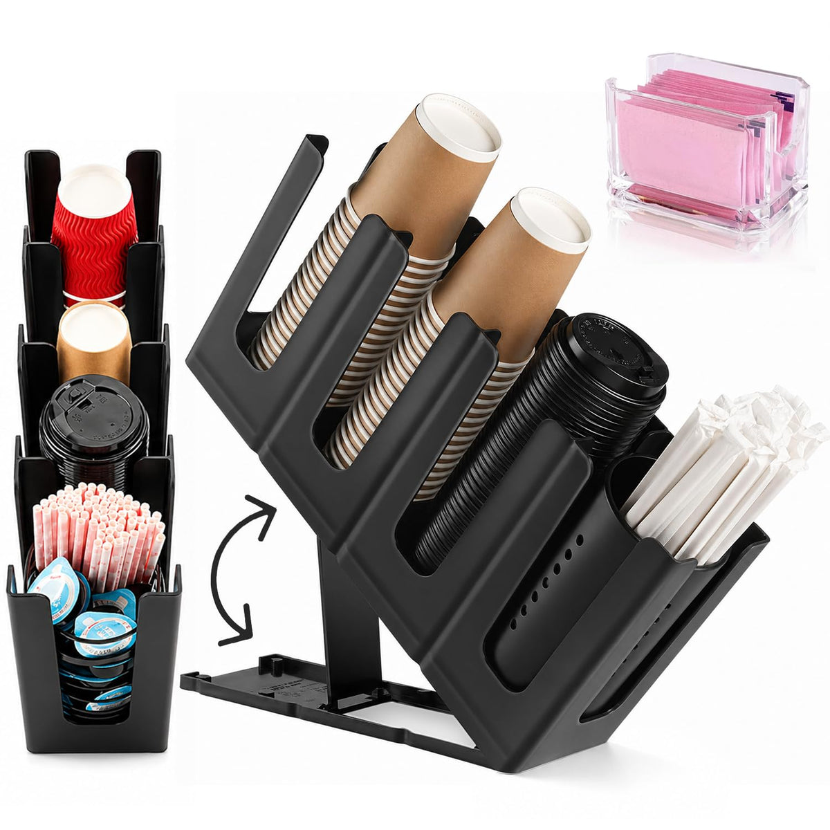 Adjustable Coffee Cup Holder Organizer – 4 Compartment Disposable Cup Dispenser with Mesh Basket for Coffee Pods, Straws, Sugar Packets – Metal Countertop Storage for Coffee Bar Accessories