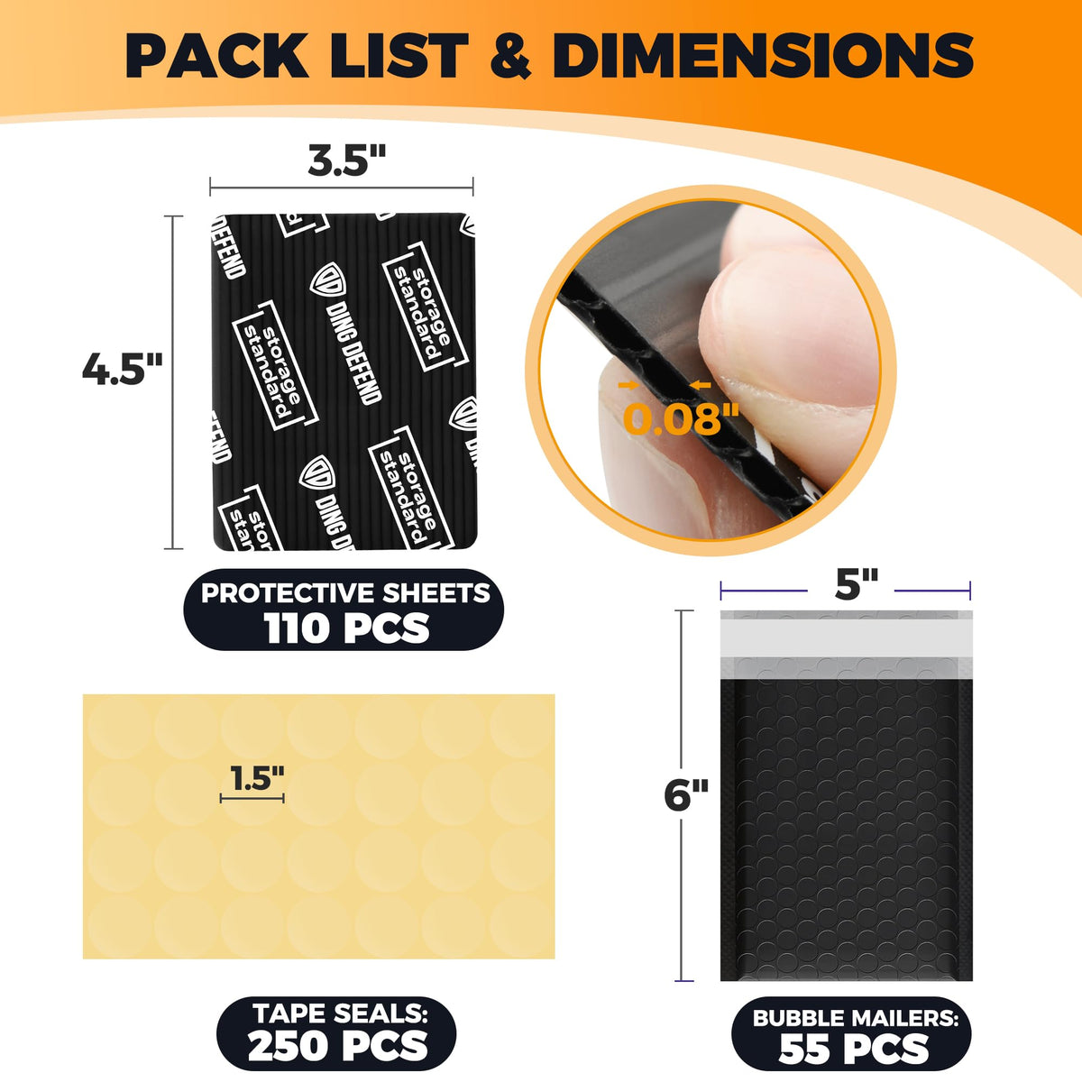 Ding Defend Card Shipping Protector Envelope Bubble Mailer Kit with 110 Card Shipping Protectors (3.5x4.5 Inches), 55 Bubbles Mailers, 250 Tape Seals for Collectible Cards - Black
