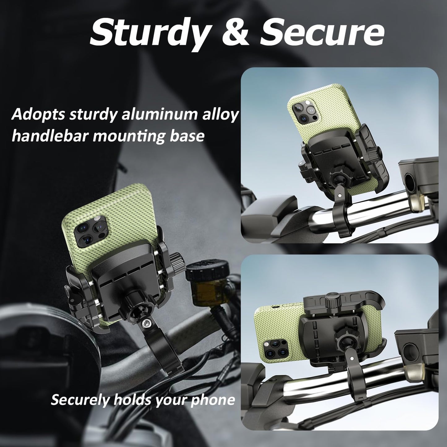 LOKTENWO Bike Motorcycle Phone Mount with Aluminum Alloy Mounting Base, [1s Lock & Release] [Camera Friendly] Bicycle Handlebar Cell Phone Holder for Scooter ATV, Fit 5.4-7.2" Smartphone