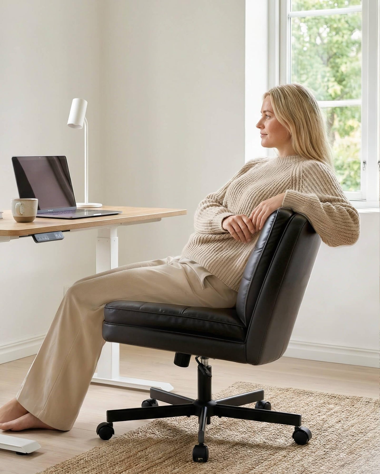 COMHOMA Cross Legged Office Chair with Wheels Armless Office Desk Chair, Modern Vanity Computer Task Chairs for Home Bedroom, Comfortable Wide Seat for Lower Back Pain Relief, PU Leahter, Black