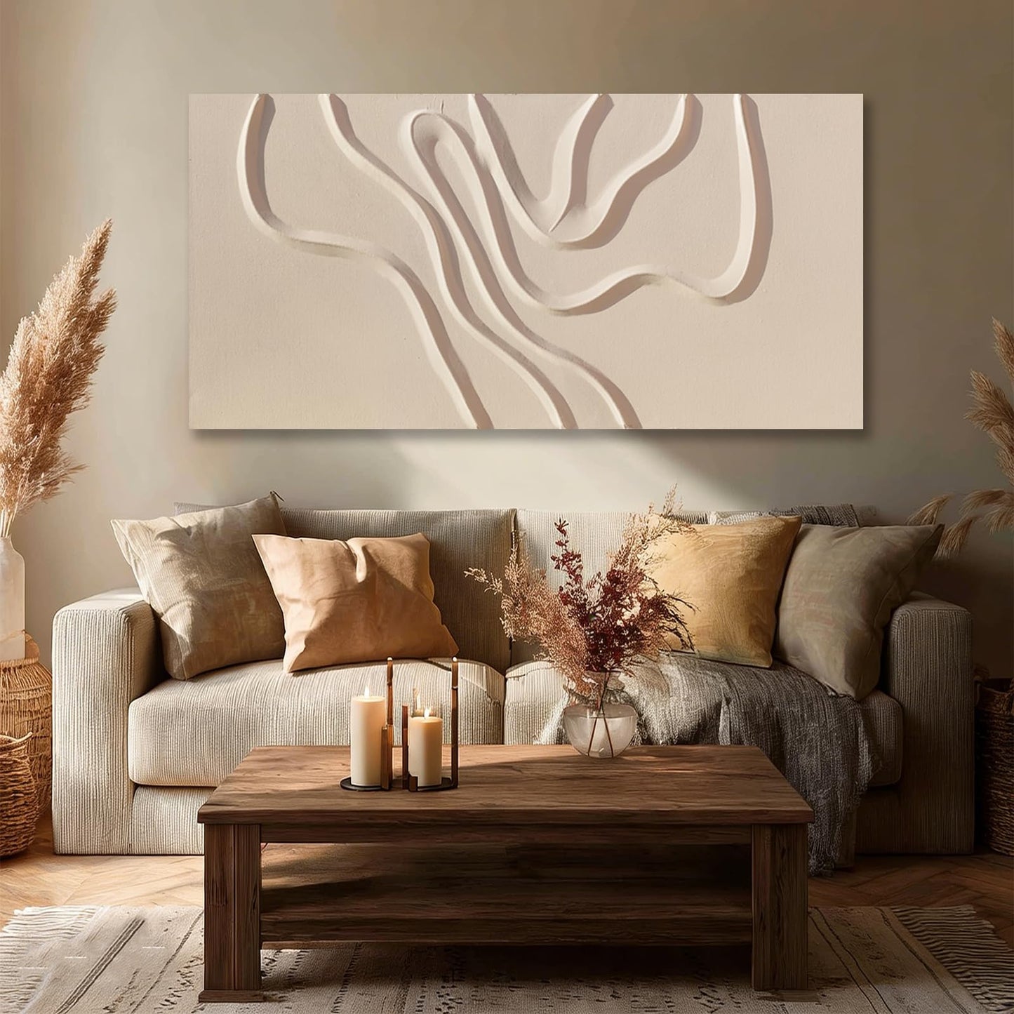 Hue7Art Abstract Beige Canvas Wall Art Modern Minimalist Geometric Hand Painting Artwork for Living Room Bedroom Office Neutral Wall Decor 24x48 Inch