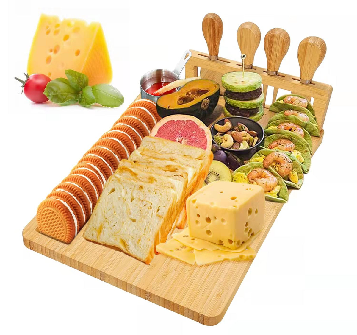 Bamboo Cheese Board, Cheese Tray with 4 Stainless Cutlery Set,Charcuterie Board and Serving Meat Platter, Cheese Platter Gift for Christmas, House Warming, Thanksgiving