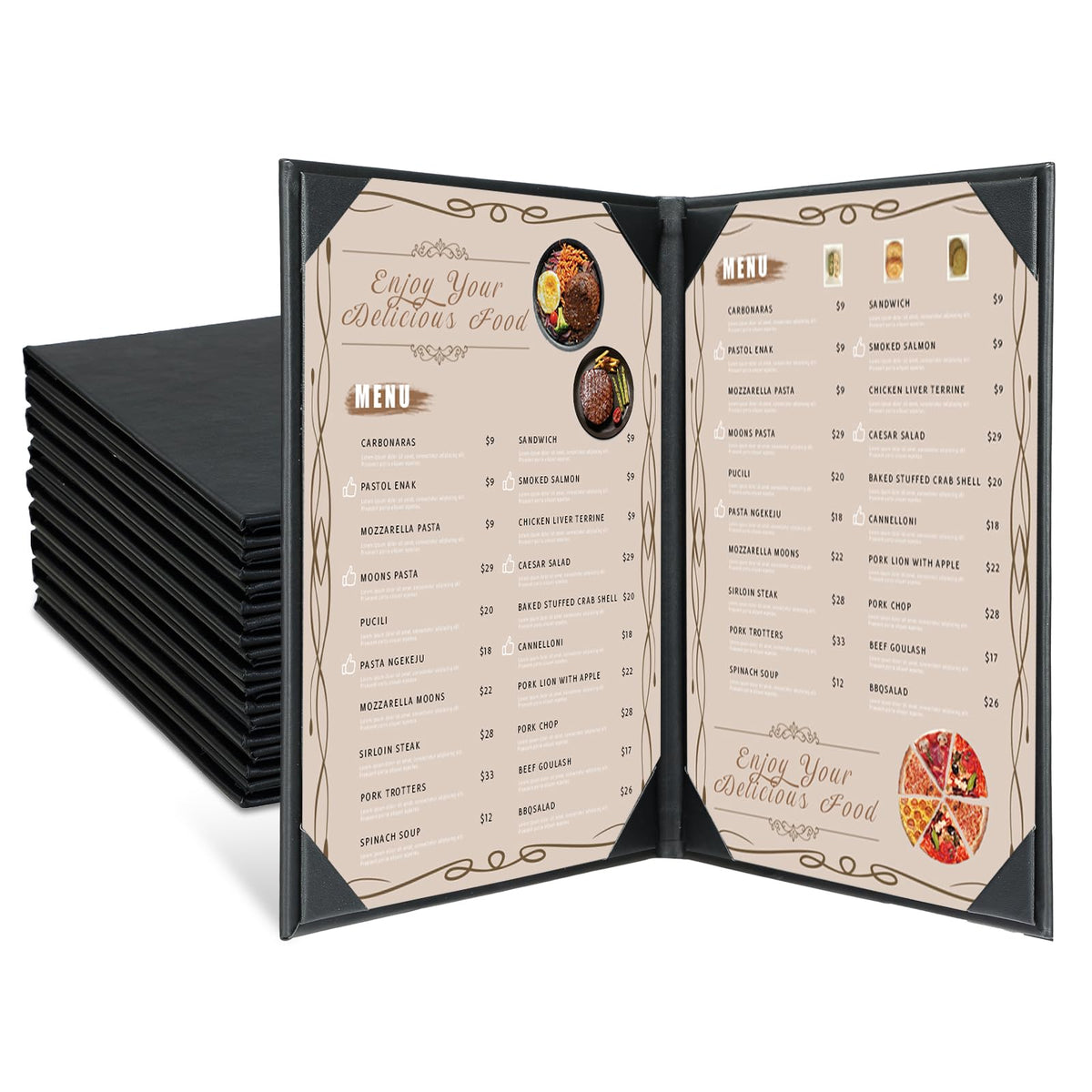 FLKQC Restaurant Menu Holders 8.5" x 11", Pack of 10 Synthetic Leather Double Panel Book Style with Angled Corners, Black