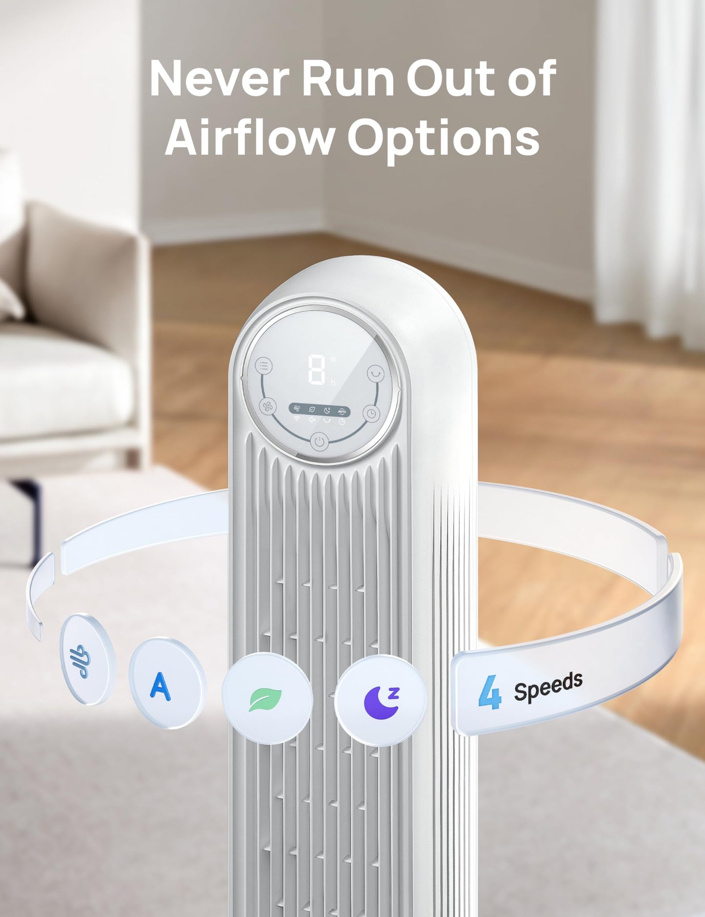 DREO Tower Fan for Bedroom, 25ft/s Velocity Quiet Floor Fan, 90° Oscillating Fans for Indoors with 4 Speeds, 4 Modes, 8H Timer, Standing Fans, Bladeless Fan, White (DR-HTF007)