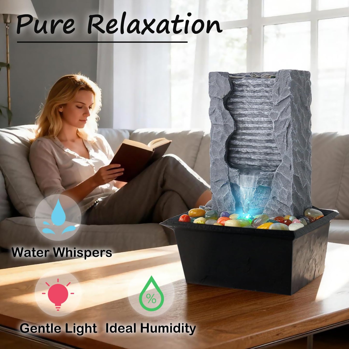 Tabletop Water Fountain Indoor, Resin Waterfall Fountain for Stress Relief and Meditation, Calming Office Desk Home Décor, Zen Relaxation Gift for Friend Office Boss, Excellent Housewarming Gift