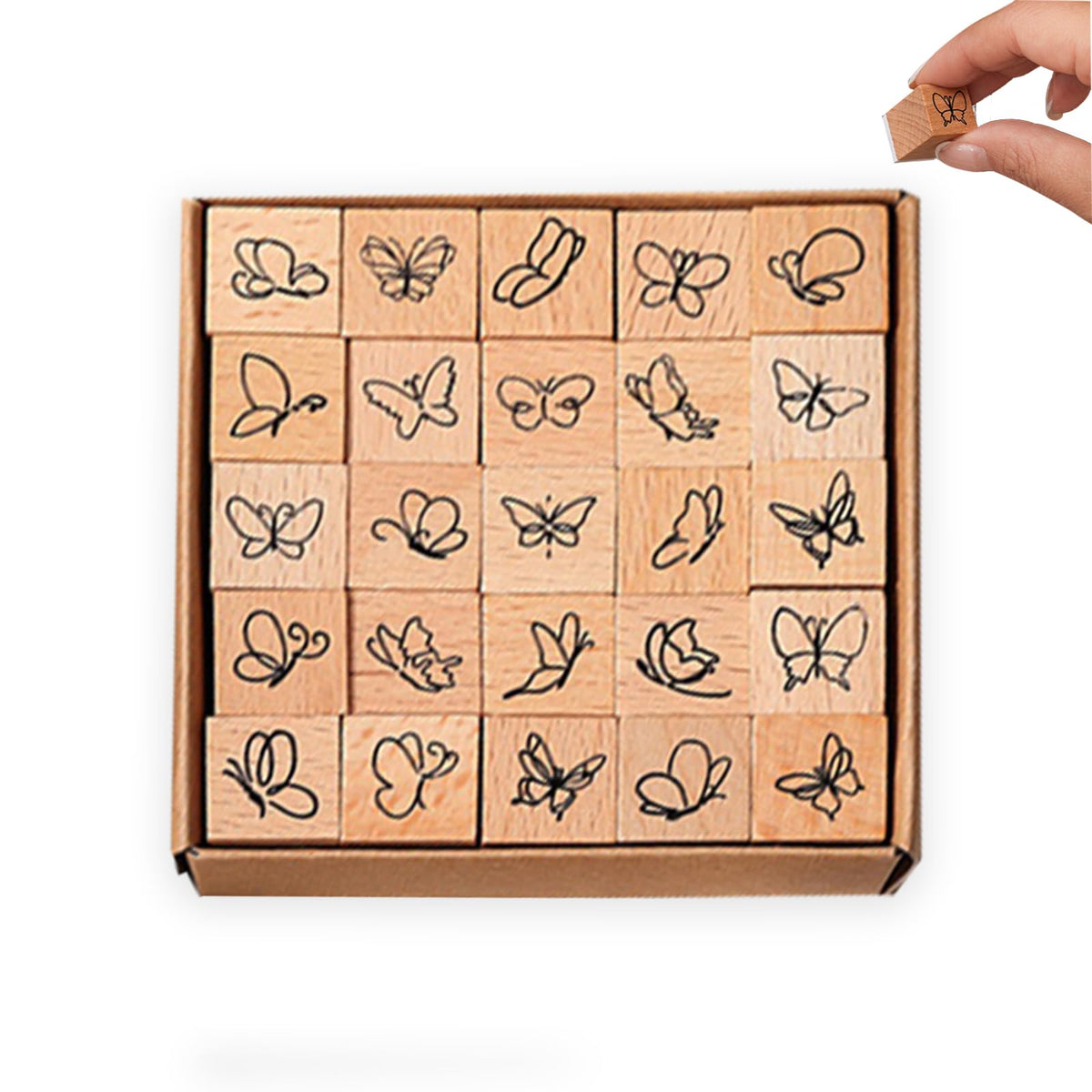 25 Pieces Wooden Rubber Stamp Set, Plant Decorative Wooden Stamp DIY Craft, Cute Butterfly & Botanical Designs for Journals, Scrapbooks, Planners, and DIY Crafts (Butterfly)