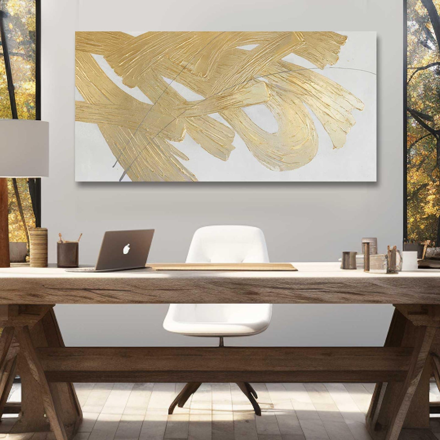 Gold Abstract Wall Art White and Gold Modern Framed Painting Texture Artwork for Living Room Office Dining Room Pictures 24x48 Inch Hand Painted
