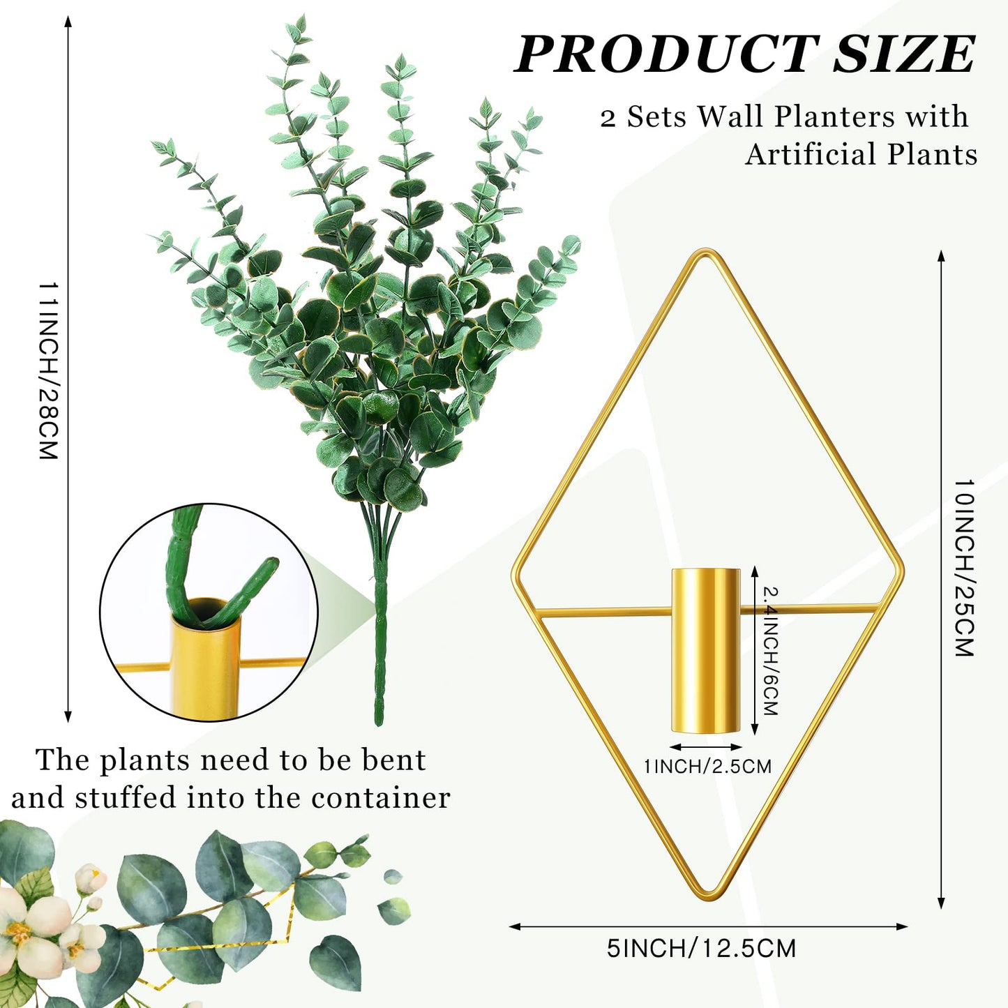 Canlierr 2 Pieces Gold Wall Decor Hanging Planters with Artificial Plants Metal Vase Indoor Plants Holder Modern Geometric Wall Art for Home Bathroom Bedroom Living Room Office(Eucalyptus,Medium)
