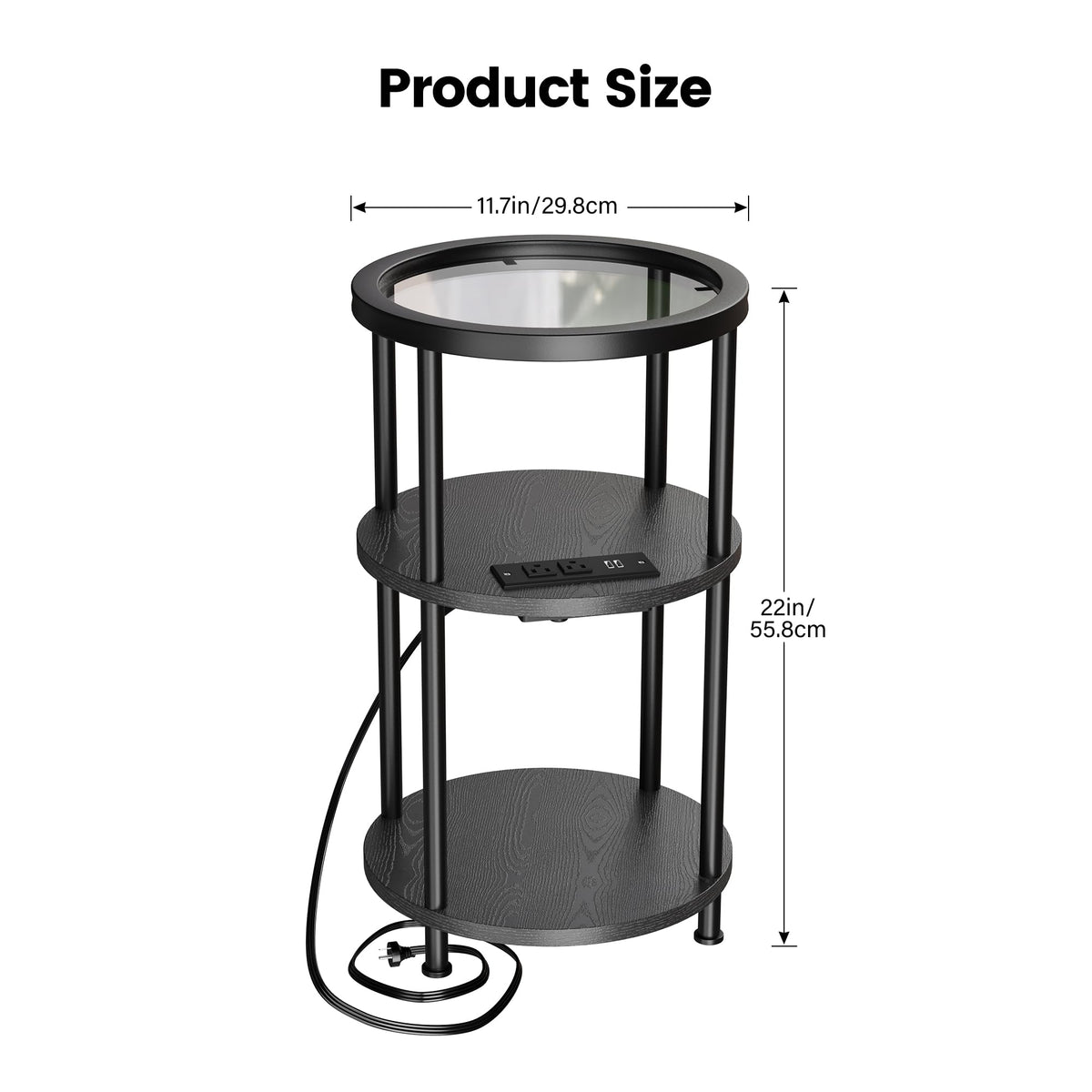 Homeiju Glass Side Table, 3-Tier Glass End Table with Adjustable Feet, Bedside Table for Small Space for Living Room, Balcony, Bedroom, Black, with USB Ports & Power Outlets