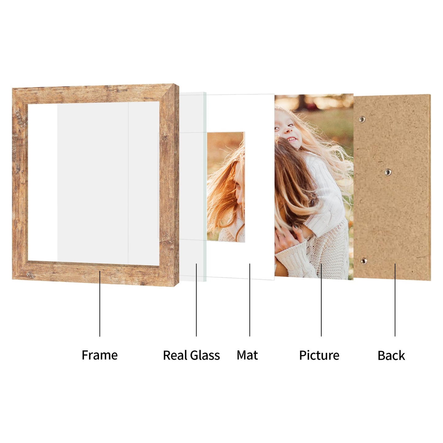 iRahmen 10x10 Picture Frame Set of 4 with Real Glass, Rustic Brown Frames Display 8x8 Picture with Mat or 10 x 10 Without Mat, Wooden Square Photo Frame for Wall Mount and Tabletop Display
