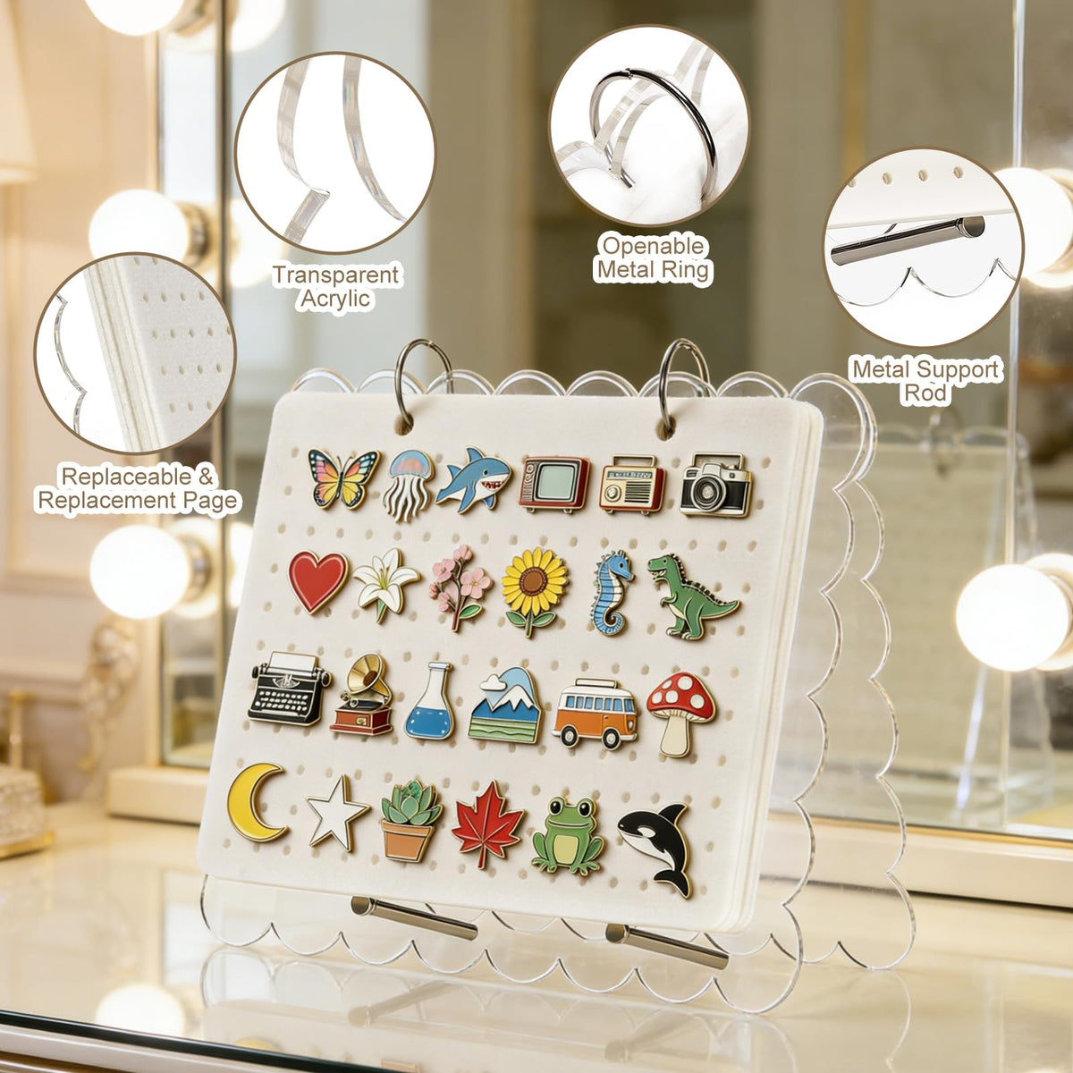 Beautiful Pin Display Organizers,Acrylic Scalloped Cover Brooch Pin Holder with 6 Pages,Pin Collection Storage Calendar,Enamel Pin Display Pages for Store 180+ Pins
