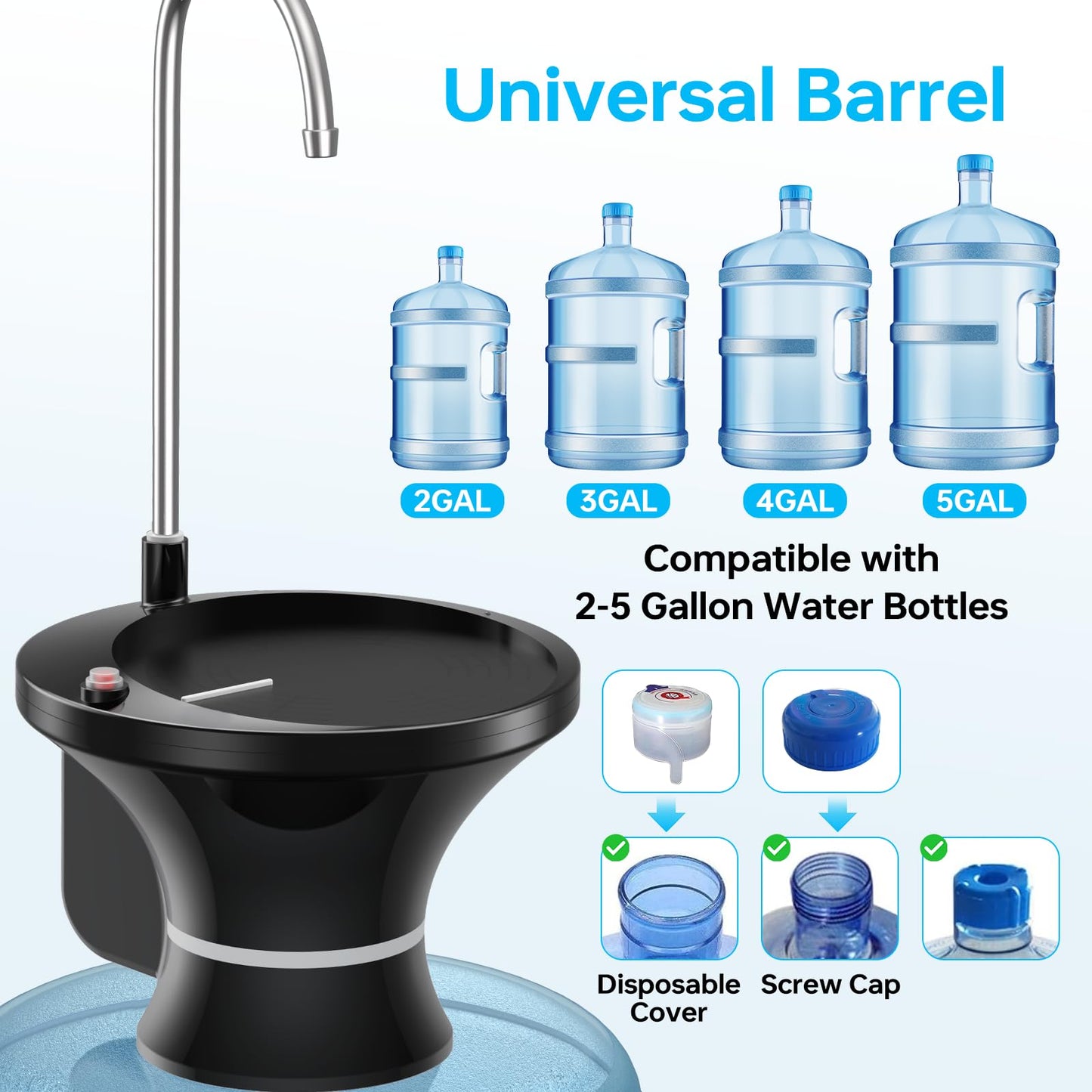 Drinking Water Dispenser Pump, Automatic Electric Drinking Water Bottle Pump for 2-5 Gallon Water Jugs, USB Rechargeable with 2 Switch Control, Stable and Portable for Home, Kitchen, Office, Camping