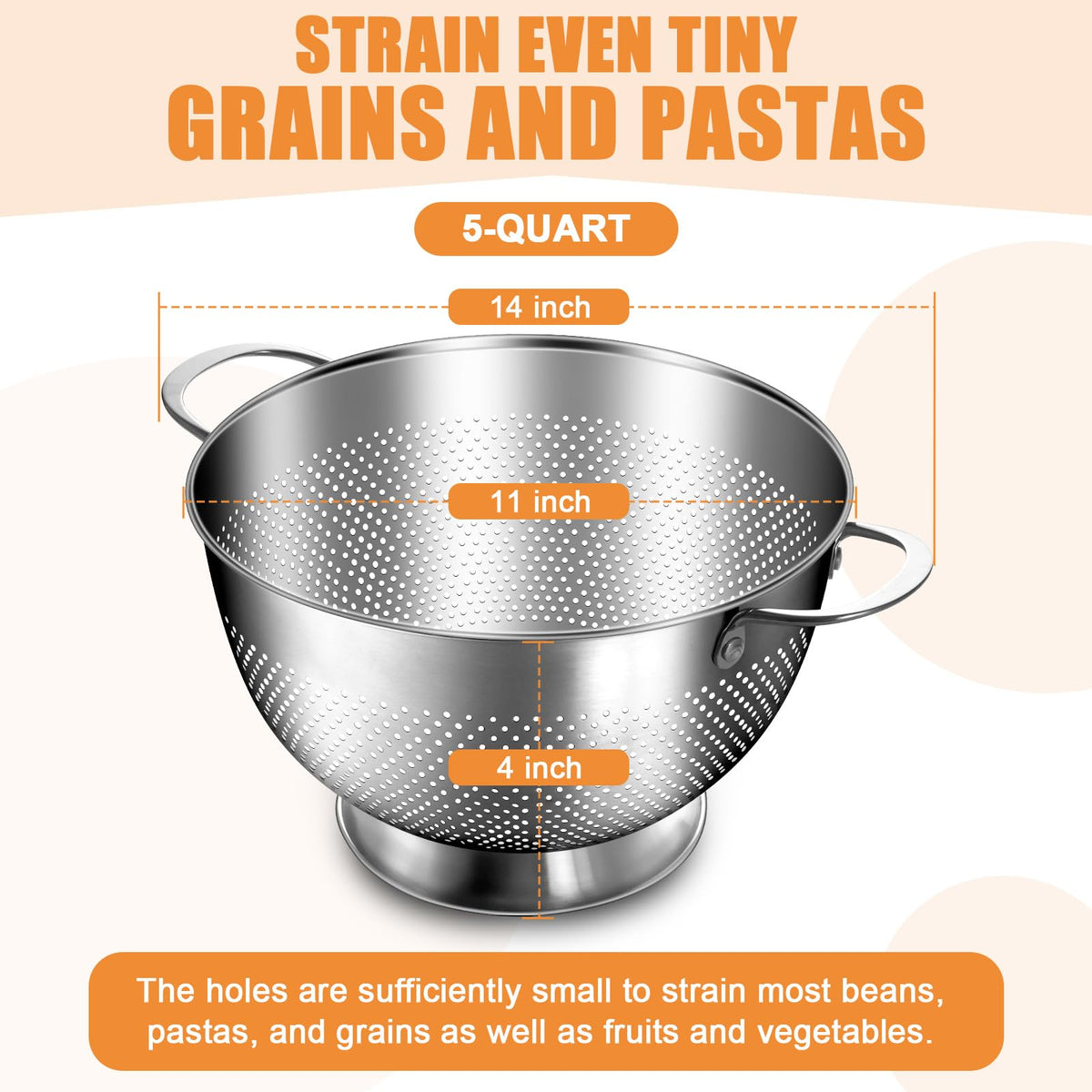 Stainless Steel Colander for Kitchen | 5 Quart Durable Rice and Pasta Strainer with Handle | Oversized Handles | Nesting Design | Rust-Resistant & Dishwasher Safe