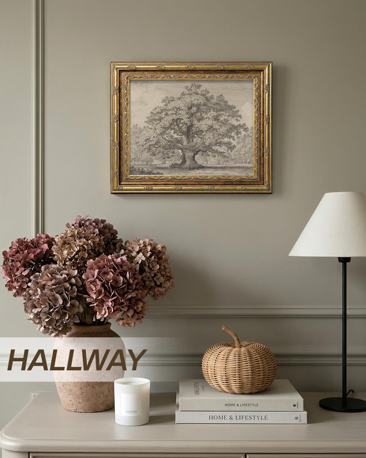 InSimSea 13x16 Gold Framed Vintage Wall Art with Glass, Sketch Oak Tree Landscape Canvas Prints, Rustic Farmhouse Botanical Artwork for Living Room Bedroom Bathroom Office