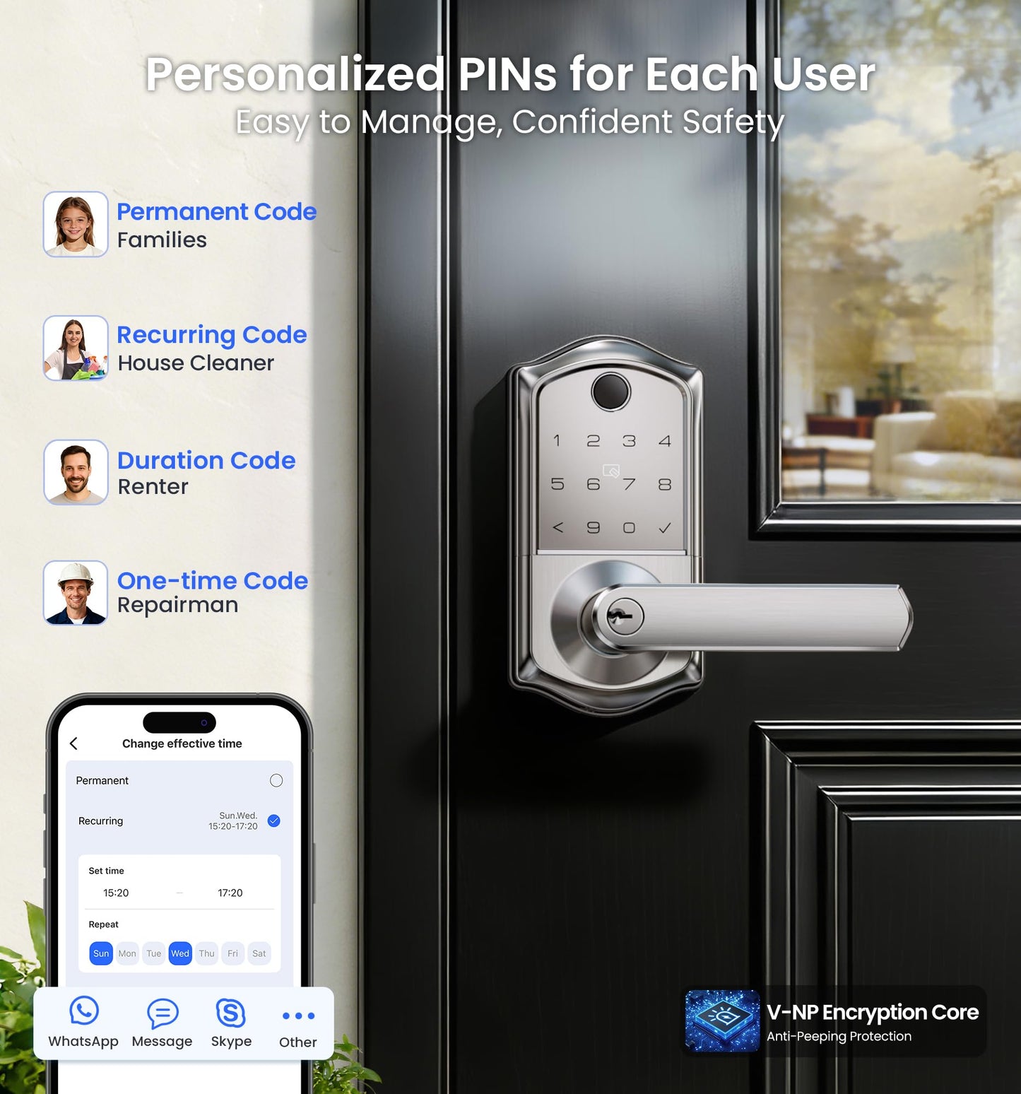 Veise VE019 Fingerprint Smart Lever Lock, App Control, Keyless Entry Door Lock with Handle, Touchscreen Keypad Knob for Front Door and Bedroom, Remote Access Sharing, IP55 Waterproof, Satin Nickel