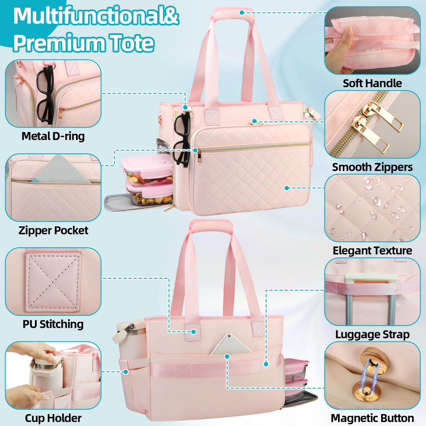 ahzske Lunch Work Tote Bag for Women with Accordion File Organizer Pocket, 3 in 1 Daily Tote Bag with Insulated Lunch Compartment& 15.6 Inch Laptop Compartment for Business Teacher Nurse (Pink)