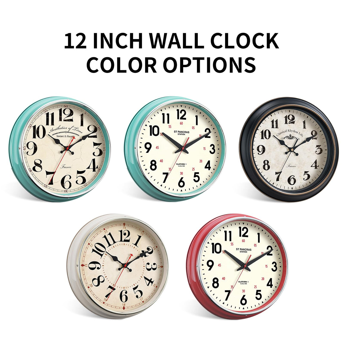 HYJOOY Wall Clock Metal 12.4" Retro Vintage Wall Clocks Countryside Style Silent Non Ticking Easy to Read for Living Room, Kitchen, Bedroom, Office, Bar(12.4" Beige)