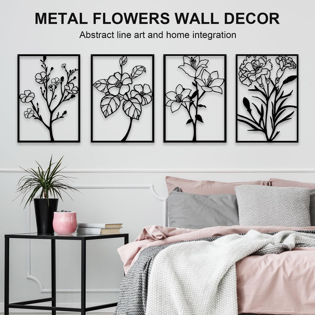 ZNZAPO 4 Pcs Black Metal Flower Wall Art, Abstract Line Art Wall Decor, Minimalist Floral Wall Hanging Art, 3d Wall Art Sculptures Decor for Living Room Bedroom Bathroom (11 × 15.7”)