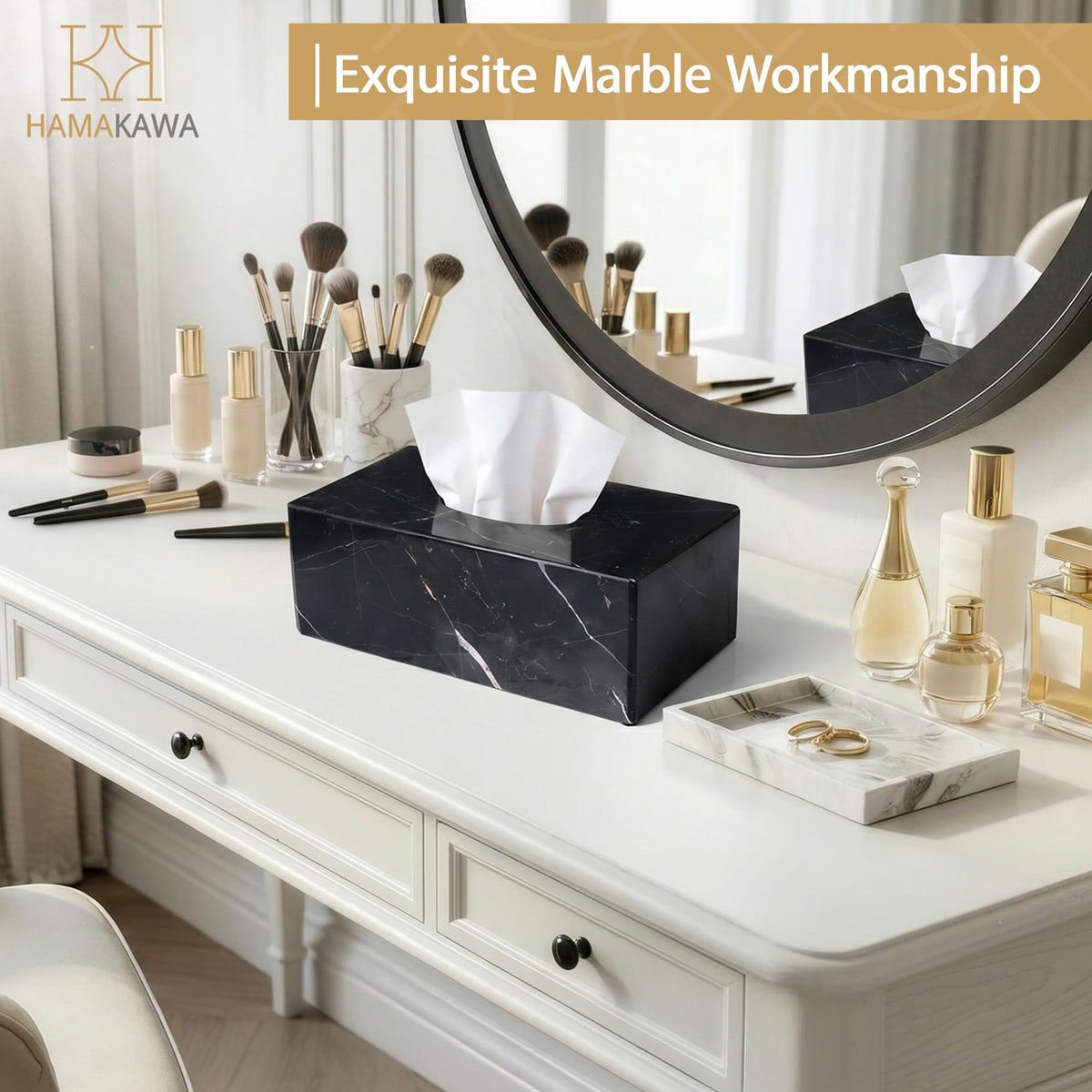 HAMAKAWA Natural Marble Tissue Box Cover, Black Tissue Organizer 10 x 5.5 x 3.9 inch, Heavy Stone Decorative Box, Rectangle Tissue Box Holder for Home Decor, Kitchen, Bathroom, Bedroom