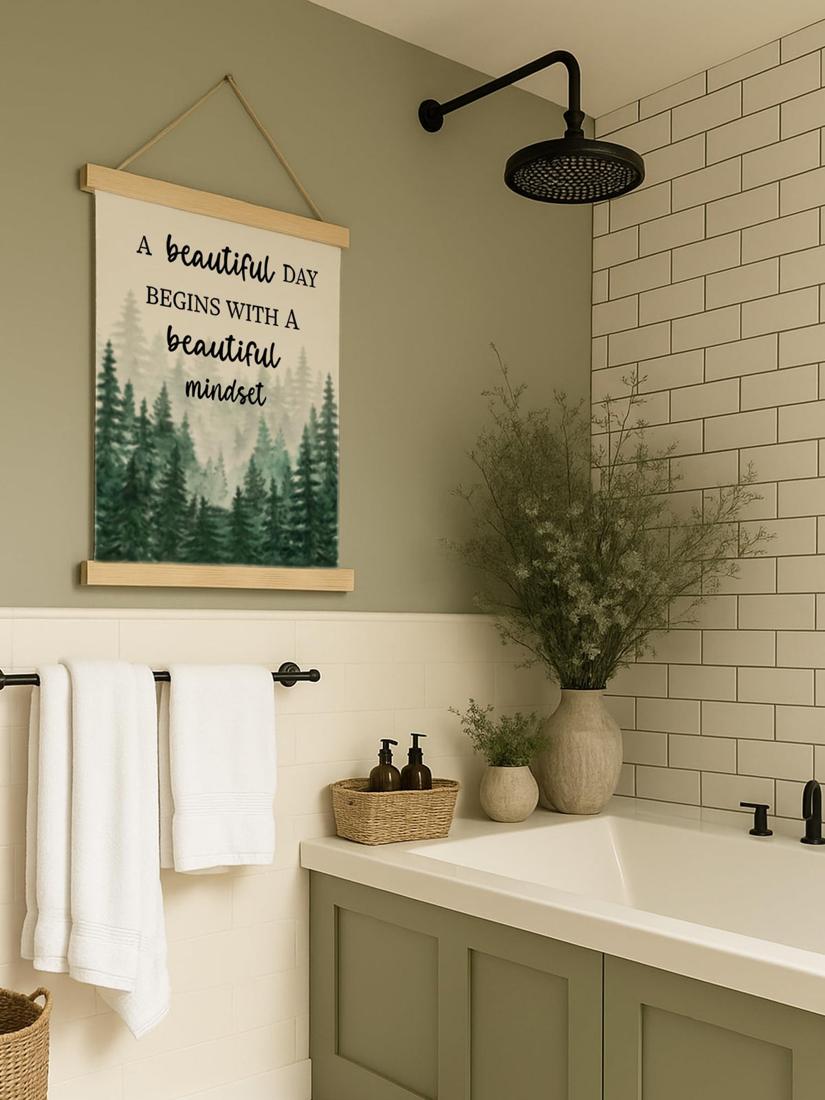 Mindset Framed Canvas Wall Art - A Beautiful Day Begins with a Beautiful Mindset Hanging Canvas Wall Decor for Bedroom Office, Nature Forest Mountain Positive Hanging Poster, Inspirational Gifts for Women