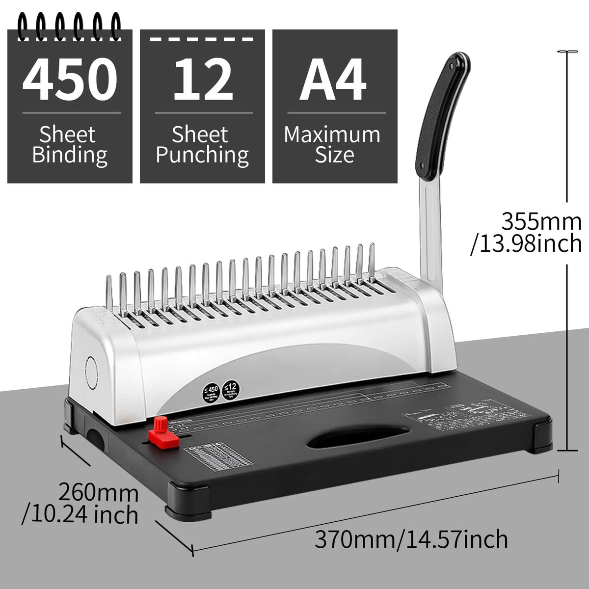 Comb Binding Machine, 21-Hole, 450 Sheets Capacity, Punch up to 12 Sheets,Punch Comb Binder Machines for Letter Size A5/A4 Paper with 100pcs 1/4" Binding Spines