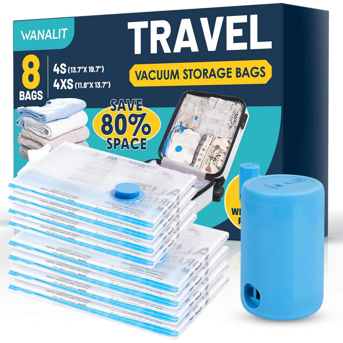 Vacuum Storage Bags for Travel, 8 Pack (4S+4XS) Vacuum Seal Bags with Wireless Rechargeable Electric Pump, Travel Essentials Space Saving Compression Bag for Clothes, Luggage, Suitcase, Backpack, Trip