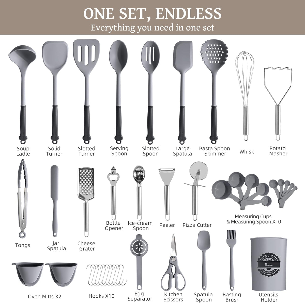 Kikcoin 43Pcs Large Kitchen Utensils Set - Silicone Cooking Utensils Set, Dishwasher Safe Spatula Set for Non-stick Cookware, 446°F Heat Resistant Kitchen Utensils Set with Holder BPA Free, Grey
