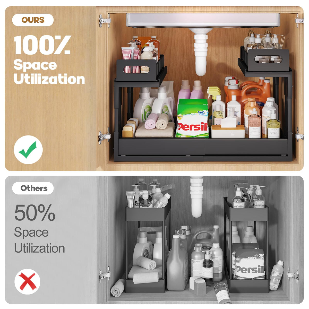 1 Pack Expandable Under Sink Organizers And Storage With Upgrade Ball-Bearing Slide Tracks,2-Tier Pull Out Under Cabinet Organizer Height Adjustable,Slide Out Under Sink Drawers-Black(Patent Pending)