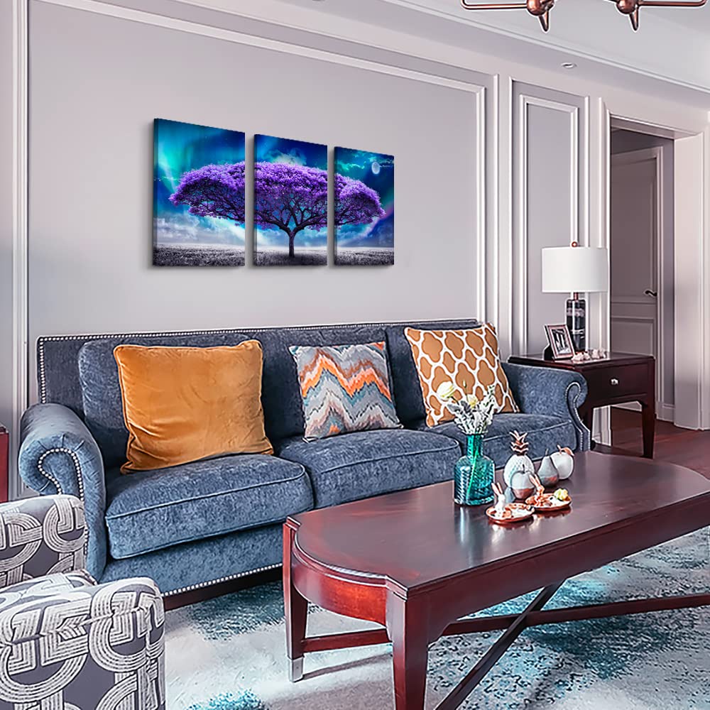 Lapremoly Canvas Wall Art For Living Room Boho Decor Bedroom Farmhouse Pictures Aurora Purple Tree Scenery Paintings Office Prints Dormitory Home Decorations 12'' X 16'' 3 Piece