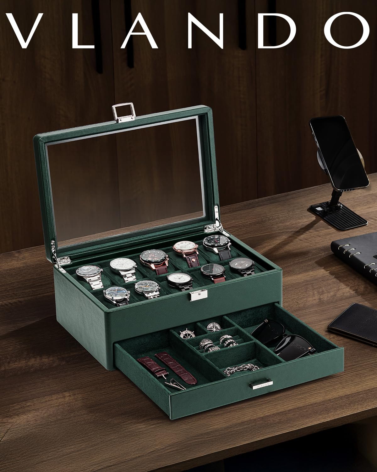 Vlando Watch Box for 10 slot, Lockable Watch Case with Textured Leather, 2 Layer Watch Holder for Rings, Bracelets, Glasses, Glass Lid, Removable Divider, Gift for Fathers, Husband, Friend, Dark Green