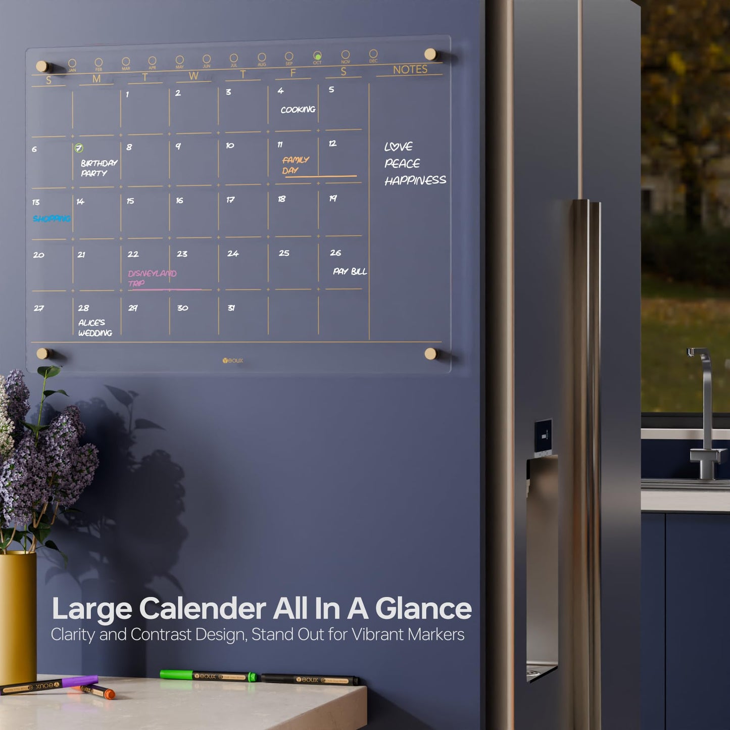 Clear Glass Monthly Dry Erase Calendar Non-Magnetic Whiteboard for Wall, 17" x 23", Frameless Large Monthly Menu Planner White Board for Home Kitchen & Office, 4 Markers Included, Yeoux