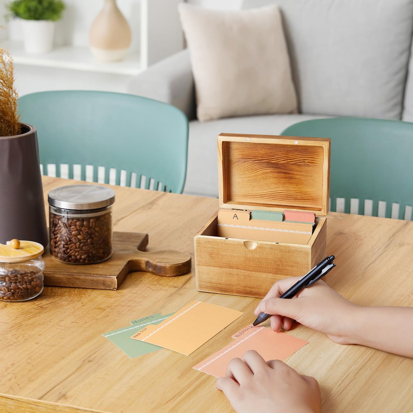 DRASTAR Index Card Holder, 3x5 Index Card Box, Wooden Index Card Organizer with 45 Dividers, Flashcard Notecard Holders for Home Office, Brown