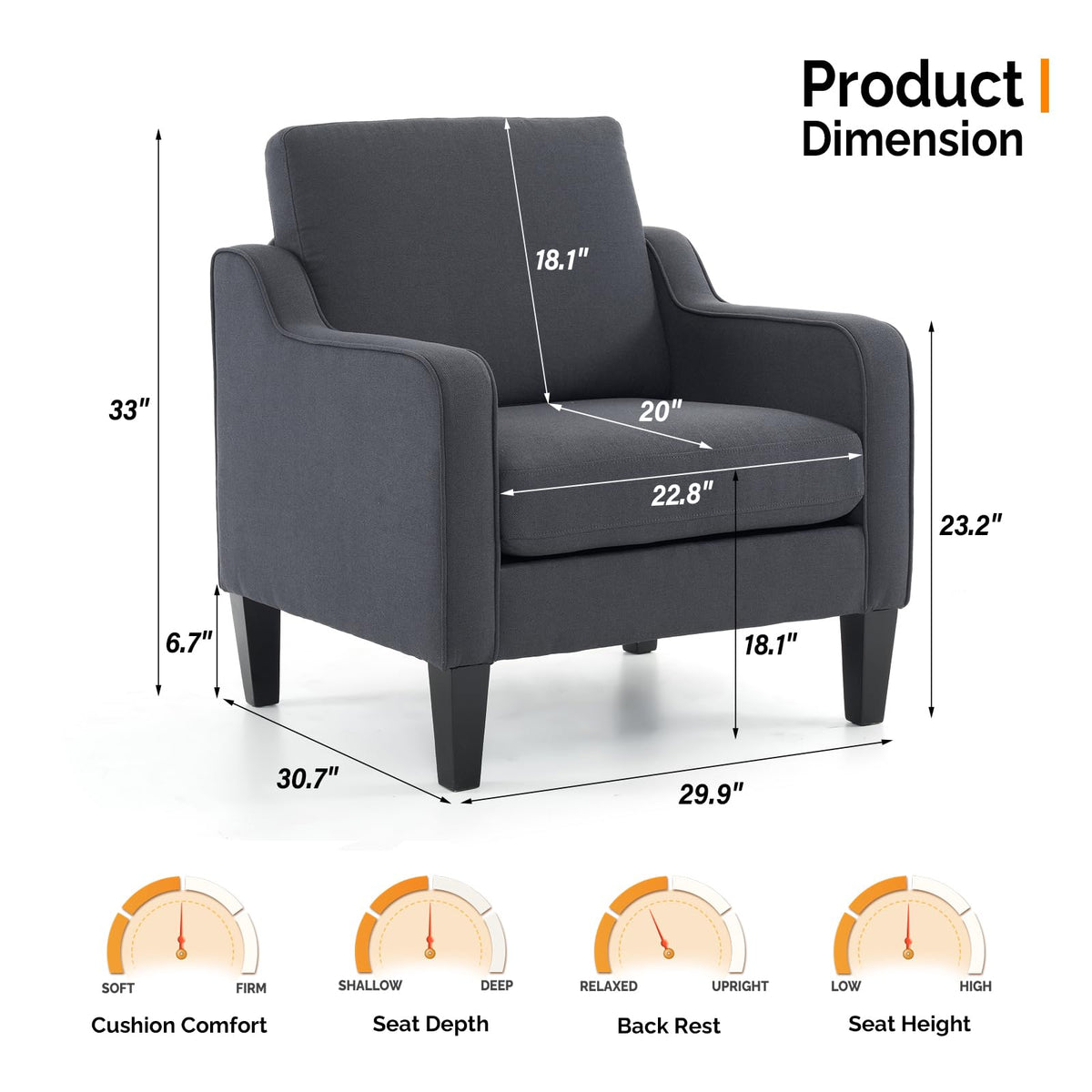 VINGLI Accent Chairs for Living Room Chairs Mid Century Modern Chair Sofa Chair Upholstered Arm Chair with Scooped Arms for Bedroom, Apartment, Office, Studio, Waiting Room, Play Room