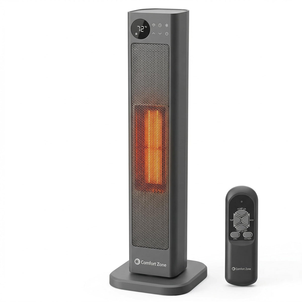 Comfort Zone 30-Inch Oscillating Tower Space Heater with Remote Control – 1500W High Velocity Ceramic Heater, Digital LCD Thermostat, 12-Hour Timer, ECO Mode, Safety Tip-Over & Overheat Protection