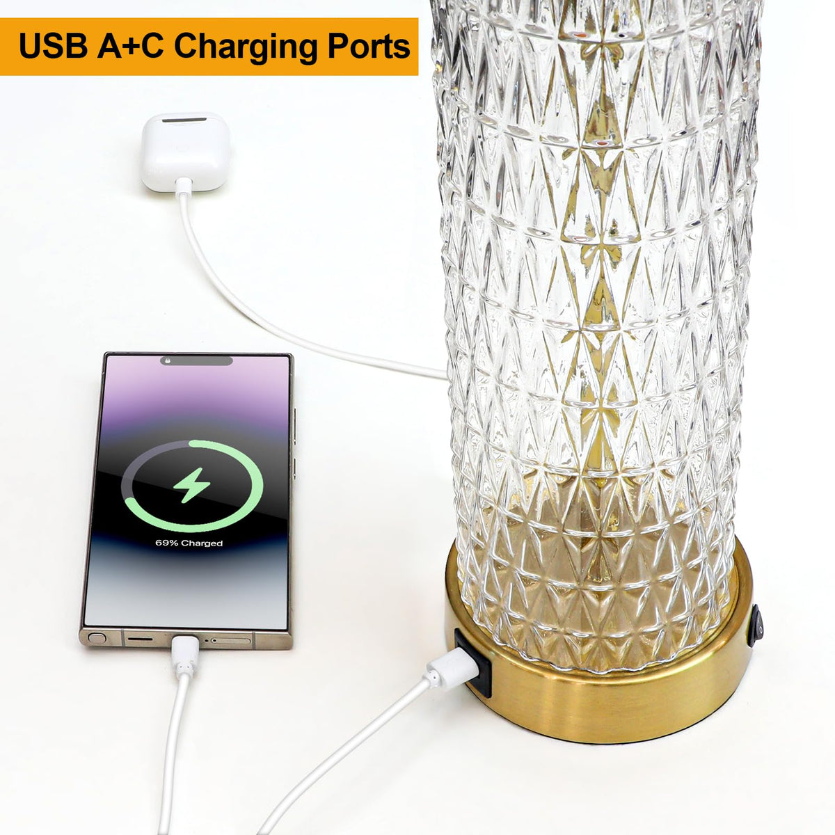 Oneach 27.75" Modern Table Lamps Set of 2, Gold Bedside Lamp with Crystal Nightlight, USB A+C, Black Grid Shade, Unique Desk Lamps for Living Room, Bedroom, Nightstand, End Table (2 Bulbs Included)