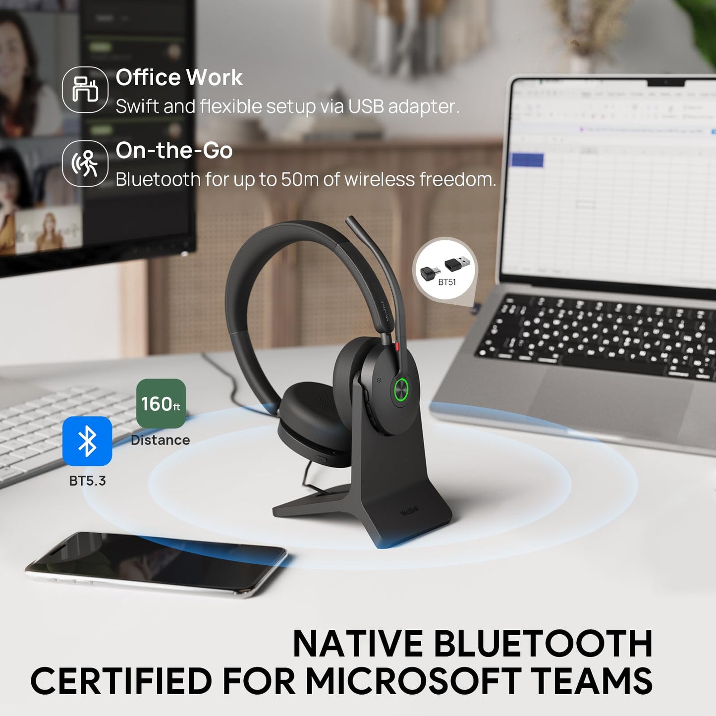Yealink BH74 with Stand ANC Wireless Bluetooth Headset with Mic for Work, 6-mics Hybrid ANC Tech, Microsoft Teams Premium Open Ofﬁce Certified Headsets, up to 32h Talking Battery Life, Zoom Certified