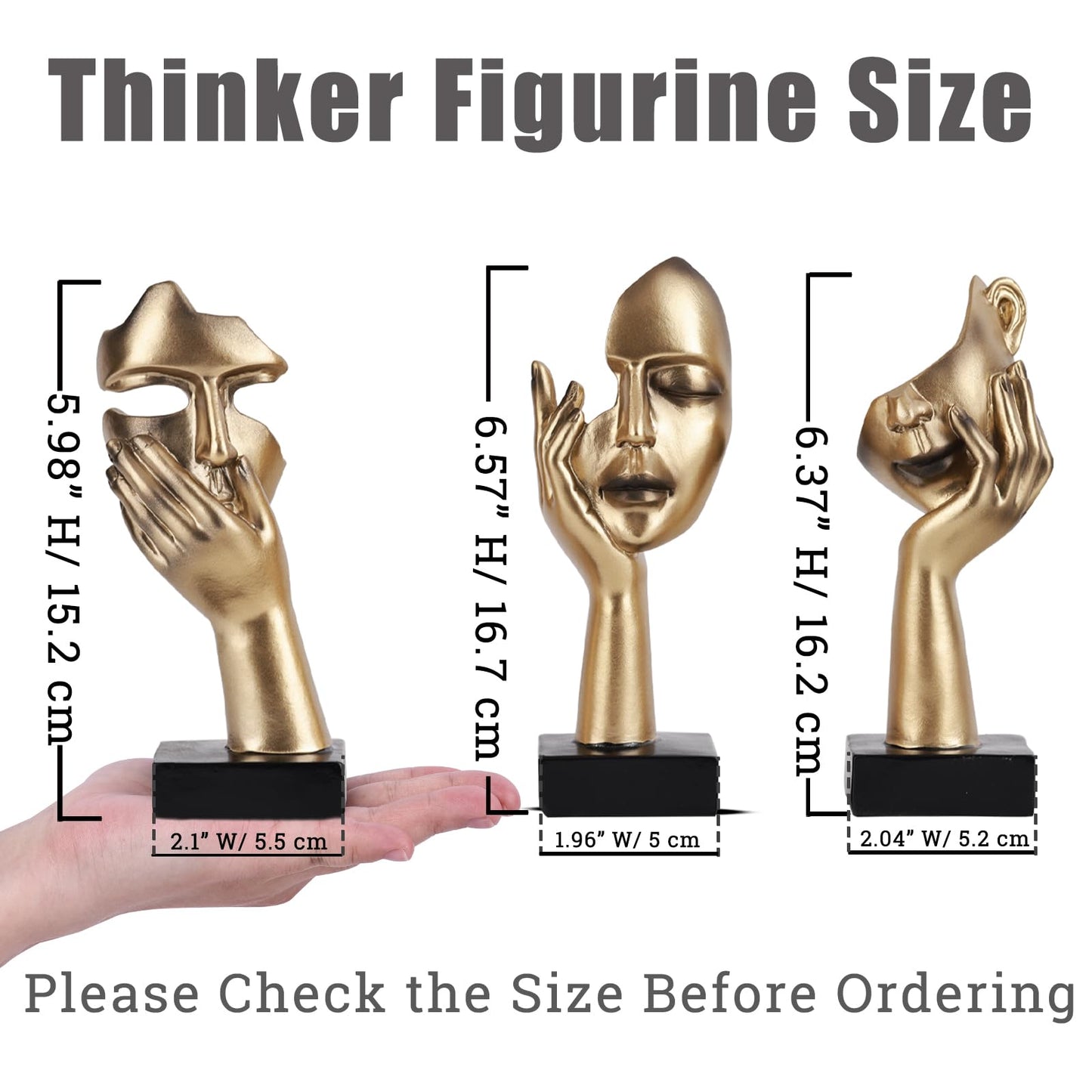 oliruim 3 Pcs Thinker Small Statue Set - Black Gold Home Decor Abstract Art Figurines for Shelves, Living Room Coffee Table, Office Desktop (3 Pcs Gold, 6")