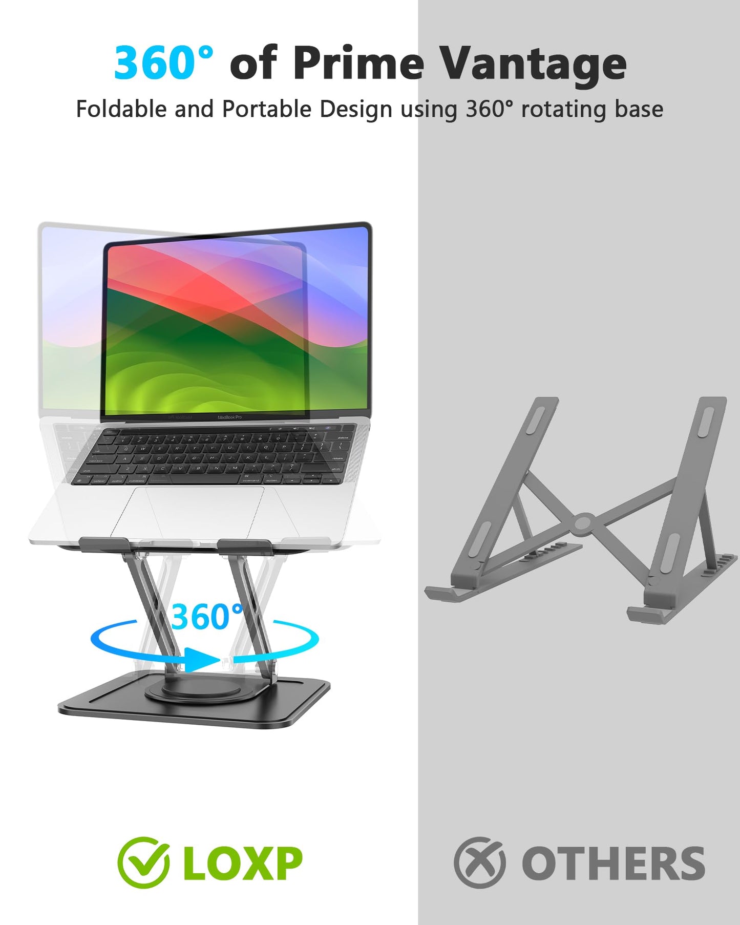 LOXP Adjustable Laptop Stand, Computer Stand with 360 Rotating Base, Ergonomic Laptop Riser Mount for Desk Foldable Protable Computer Desk Fits with MacBook Pro Air (10-16") - Black