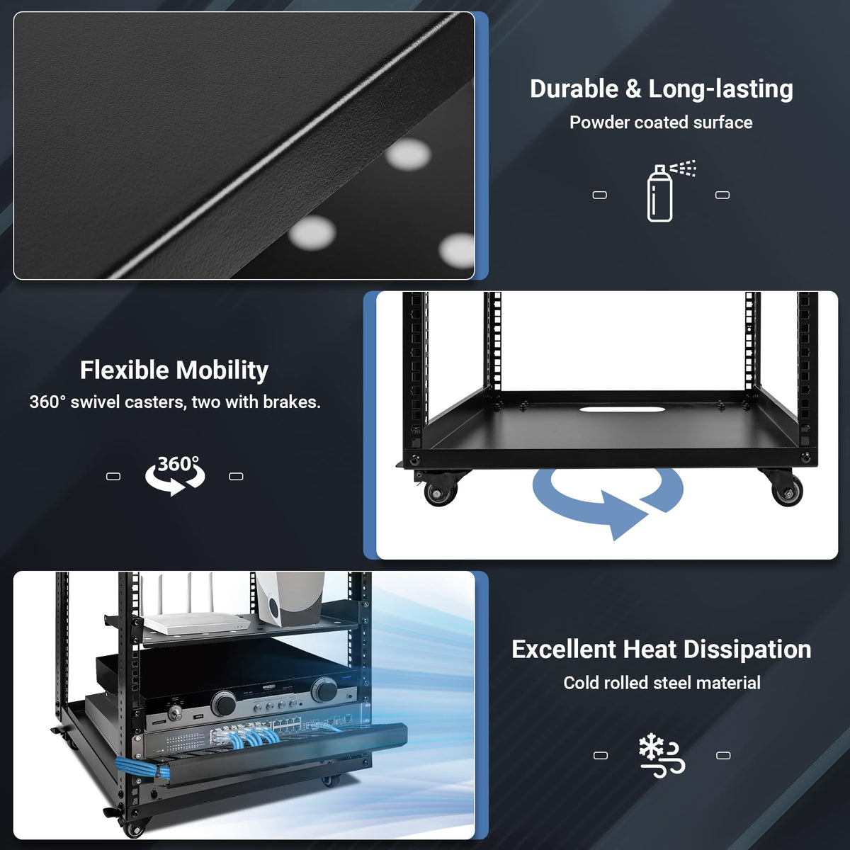 Eastrexon Upgraded 10U Server Rack - 19.7”L x 18.8”W x 23.4”H Open Frame Network Rack, Wall-Mountable & Freestanding with 4 Swivel Casters & 2 Shelves, for Computer/Data/IT/Stereo Equipment, New Model