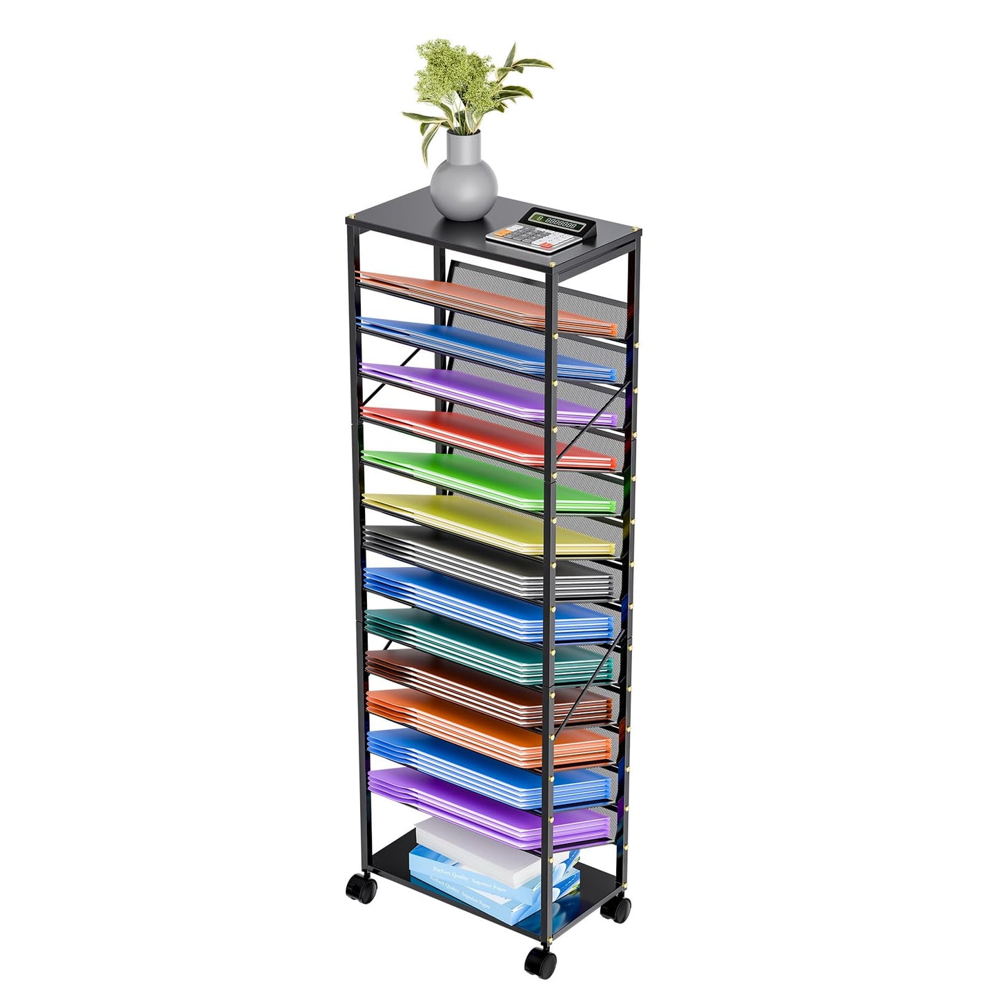 Ekisemio 15 Tier Rolling File Cart, Sturdy and Durable Desk File Organizer with Metal Mesh Letter Tray, Heavy-duty Rolling Clutter Cart for Office, Home, School, Black