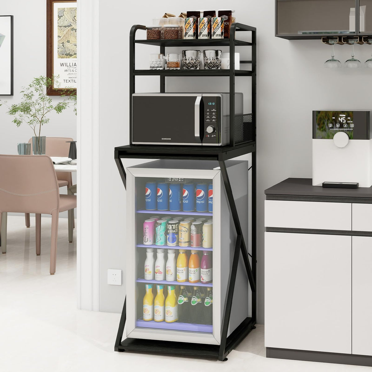 PUNCIA 4-Tier Mini Fridge Stand with Power Outlet & Storage, Coffee Bar Organizer, Refrigerator Cabinet & Microwave Shelf, Bakers Rack for Kitchen, Office, Dorm, Pantry, Apartment (Black)