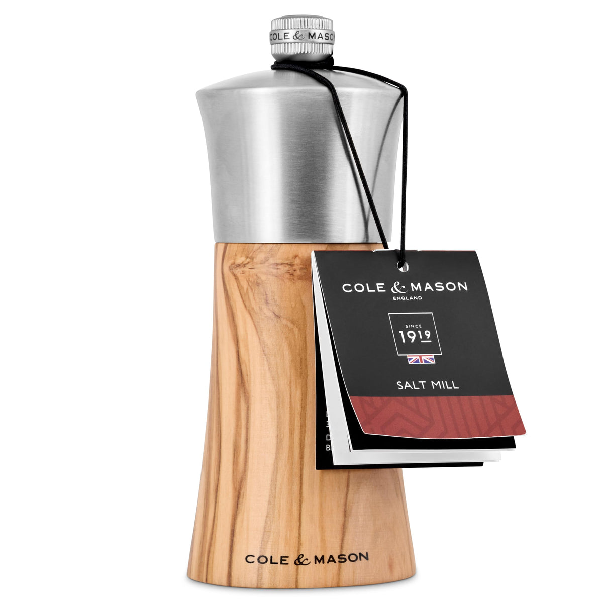 Cole & Mason Bromley Salt Mill, 6" - Salt Grinder with Ultra-Sharp Grinding Mechanism - Flavor-Enhancing Salt Shaker - Refillable Mill with Adjustable Grinding - Olive Wood, Salt Mill