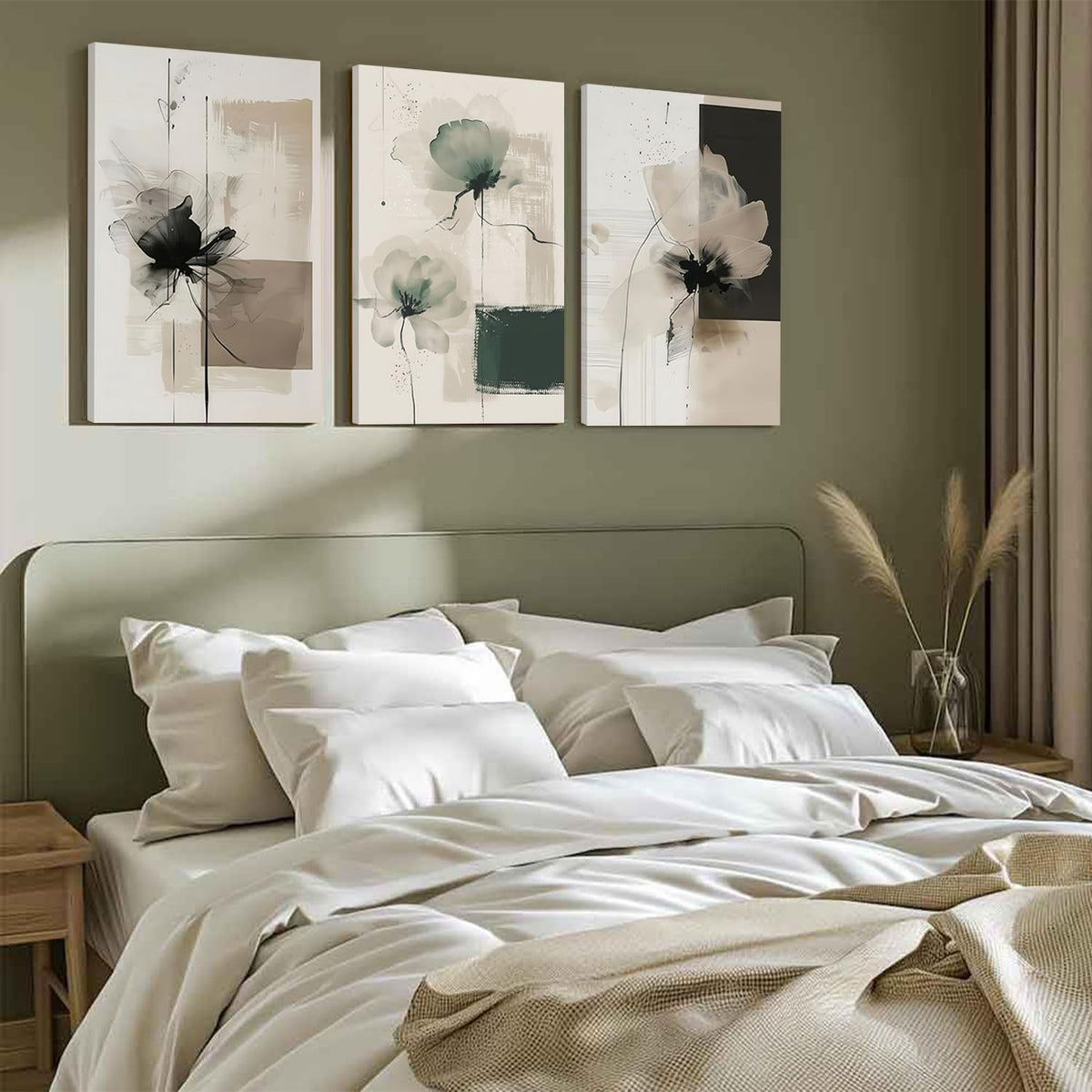 Neutral Abstract Floral Wall Art Set of 3 – Modern Beige & Black Minimalist Canvas Prints, Contemporary Large Flower Posters for Living Room Bedroom Bathroom Office Home Decor, Framed 24x16 Inch