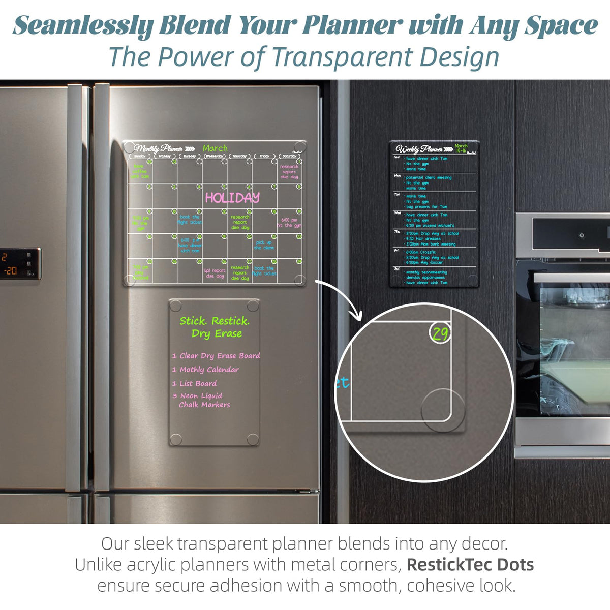 Clear Non-Magnetic Calendar Set for Fridge - Dry Erase Transparent Monthly, Weekly Calendar and Blank Board - Sticks to Wall, Glass, Door, Any Smooth Surfaces