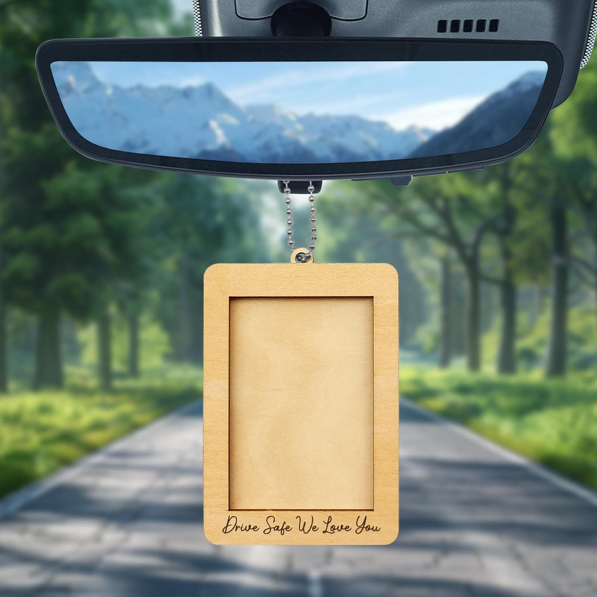 NOTISH Car Decor Hanging Picture Frame, Rear View Mirror Accessories, Car Picture Holder, Wallet-Sized Wooden Photo Frame, Mini Car Picture Frame(Drive Safe We Love you)