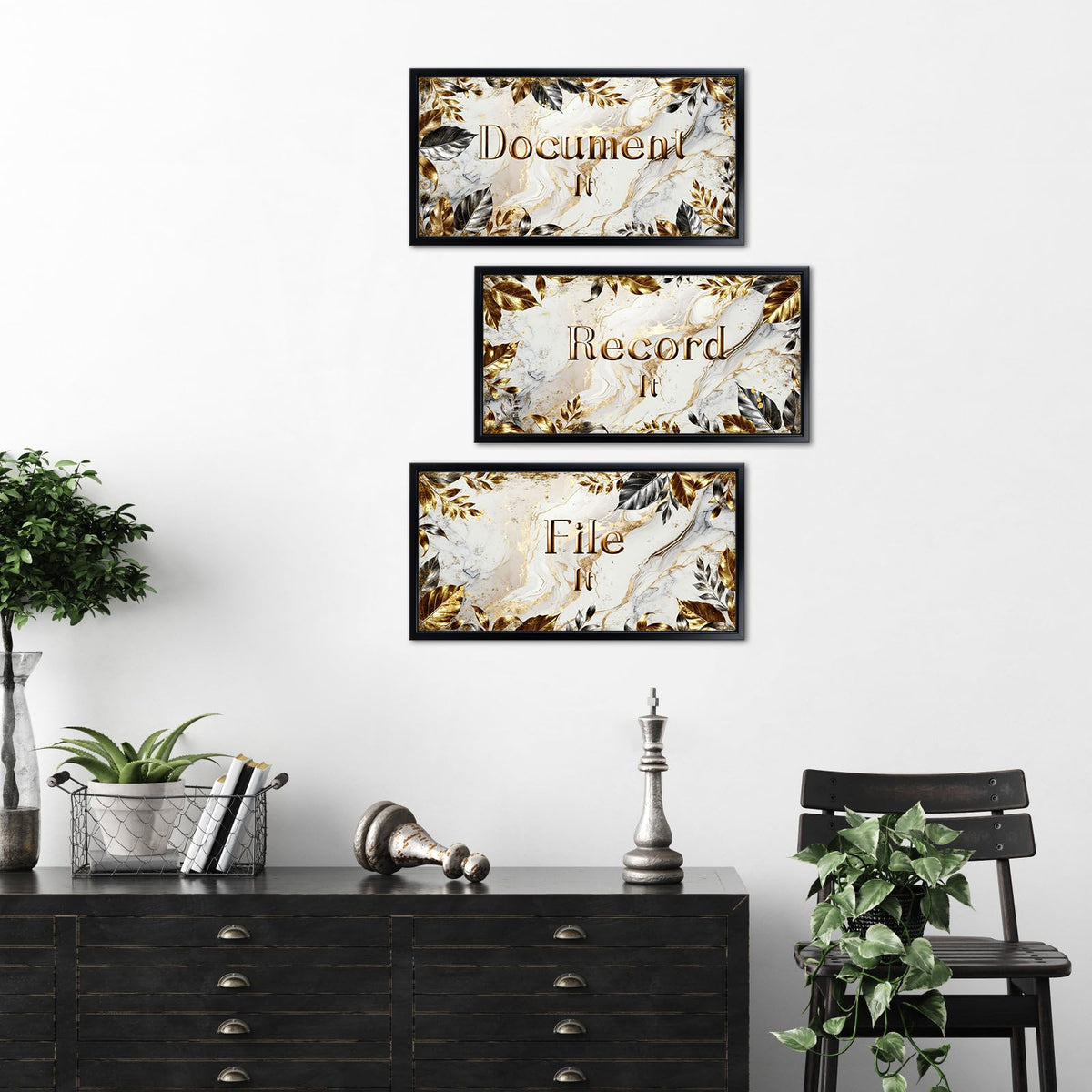 Visual Art Decor Office Decor Sign Canvas Wall Art Gold Grey Leaves Painting Black Frame Sayings Pictures Canvas Print 8"x16"x3Pcs, with Hooks Home Office Decoration for Woman and Man