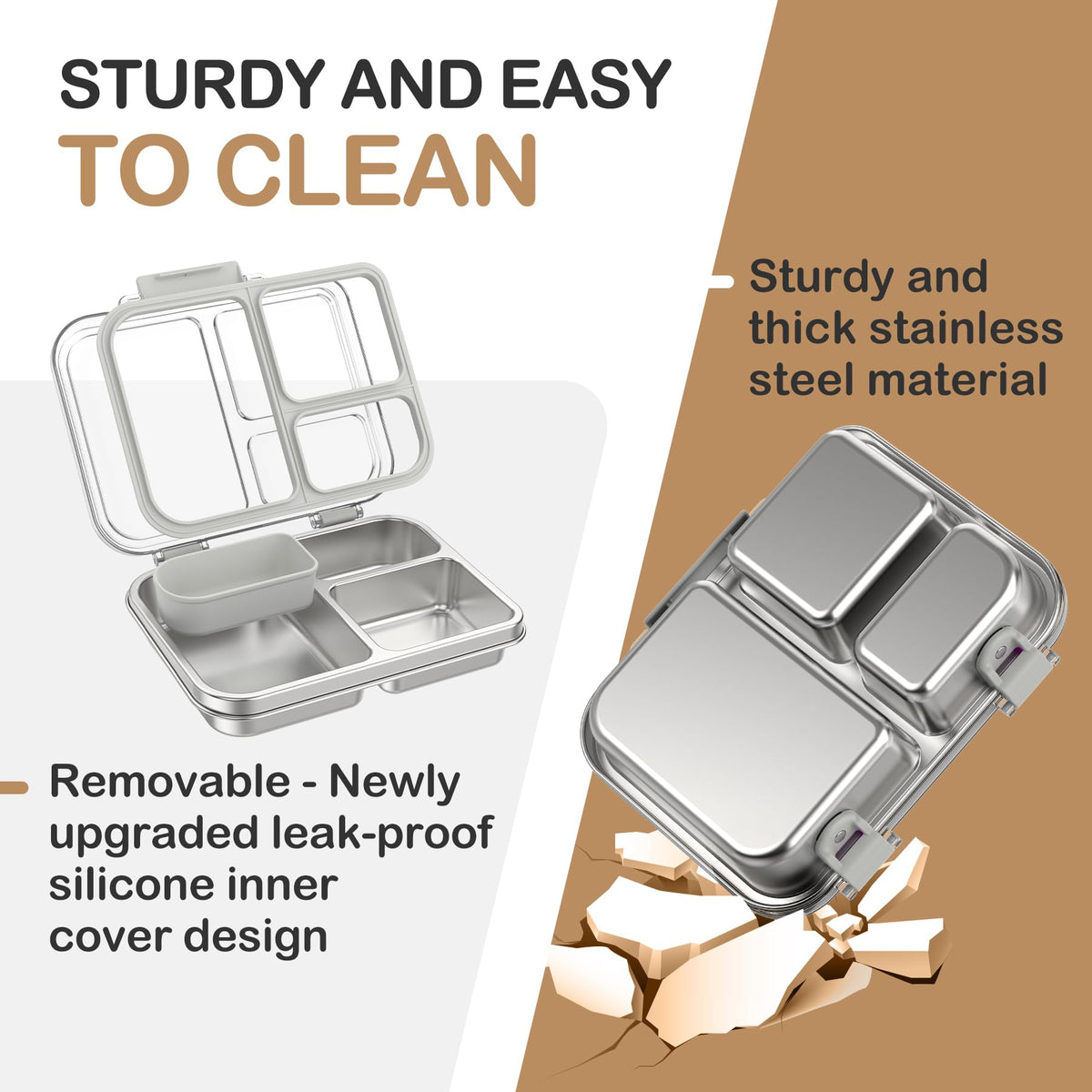 BABHAMNESS Stainless Steel Bento Lunch Box for Kids Adults, 3 Compartments Metal Bento Box with Transparent Lid & Silicone Container for Kids,Dishwasher-Safe,School & Travel,BPA-Free(Grey)