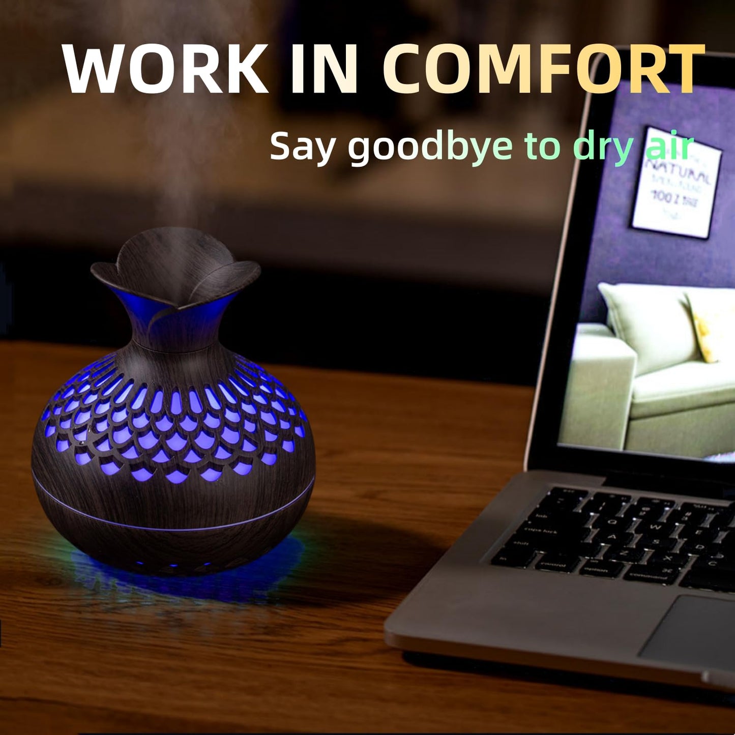 Colorful Cool Mini Humidifier, Flower Shape USB Personal Desktop Humidifier for Car, Office Room, Bedroom,etc. 2 Mist Modes, 7 colors,Super Quiet (Darkwood)