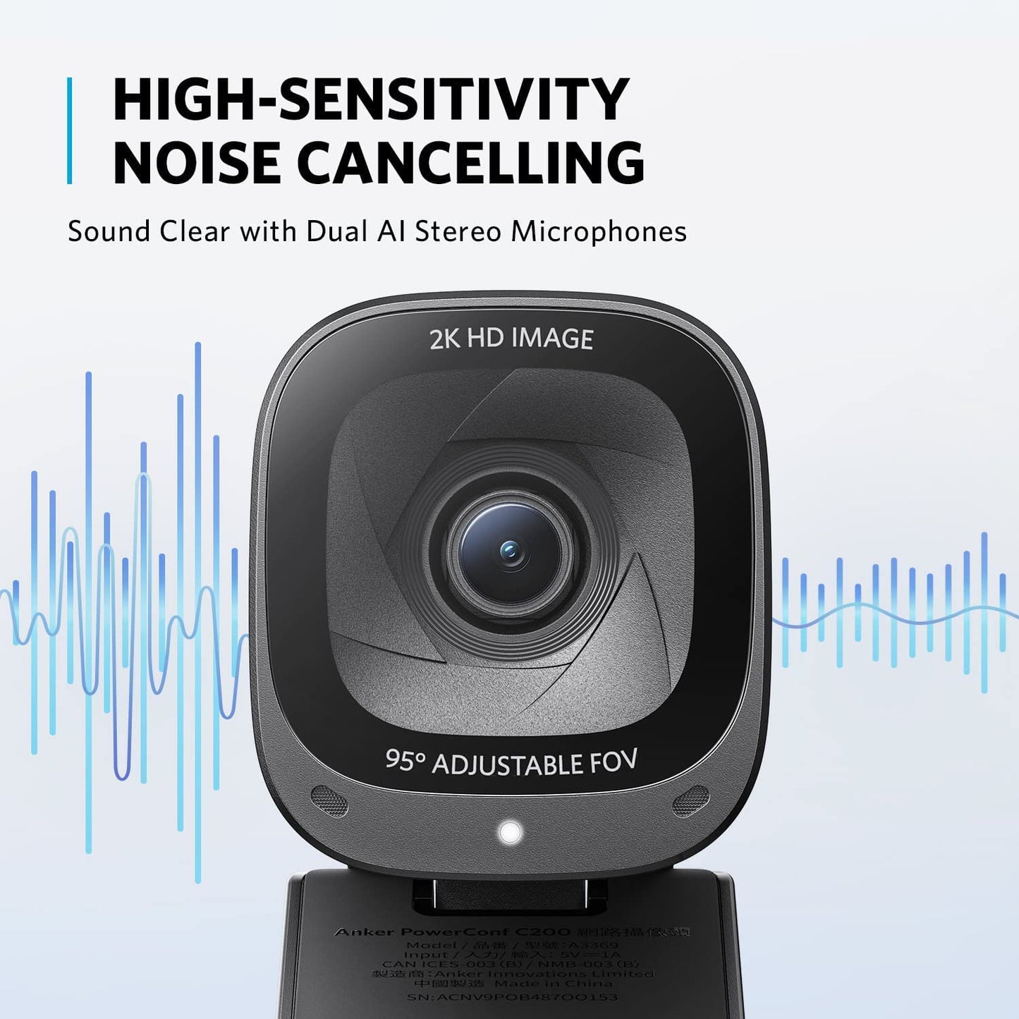 Anker PowerConf C200 2K Webcam for PC/Laptop/Mac, Computer Camera, Low-Light Correction, AI-Noise Canceling Mics, Adjustable Field of View, Built-in Privacy Cover, Stereo Mics, for Meeting