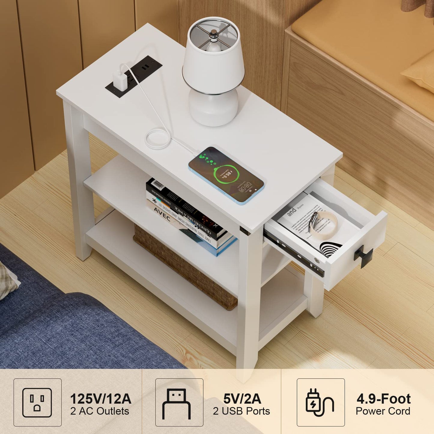 HOSEOKA Narrow End Table with Charging Station, Side Table with USB Ports and Outlets, Nightstand for Small Spaces, Slim Sofa Side Table with Storage Drawer for Living Room, Bedroom, White